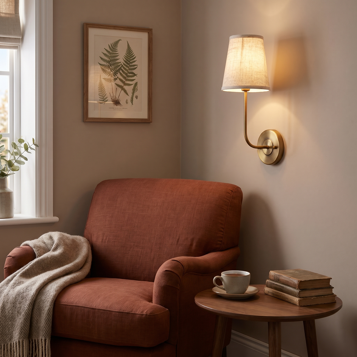 A lit Hintlesham antique brass wall light above a rust linen armchair in a reading corner