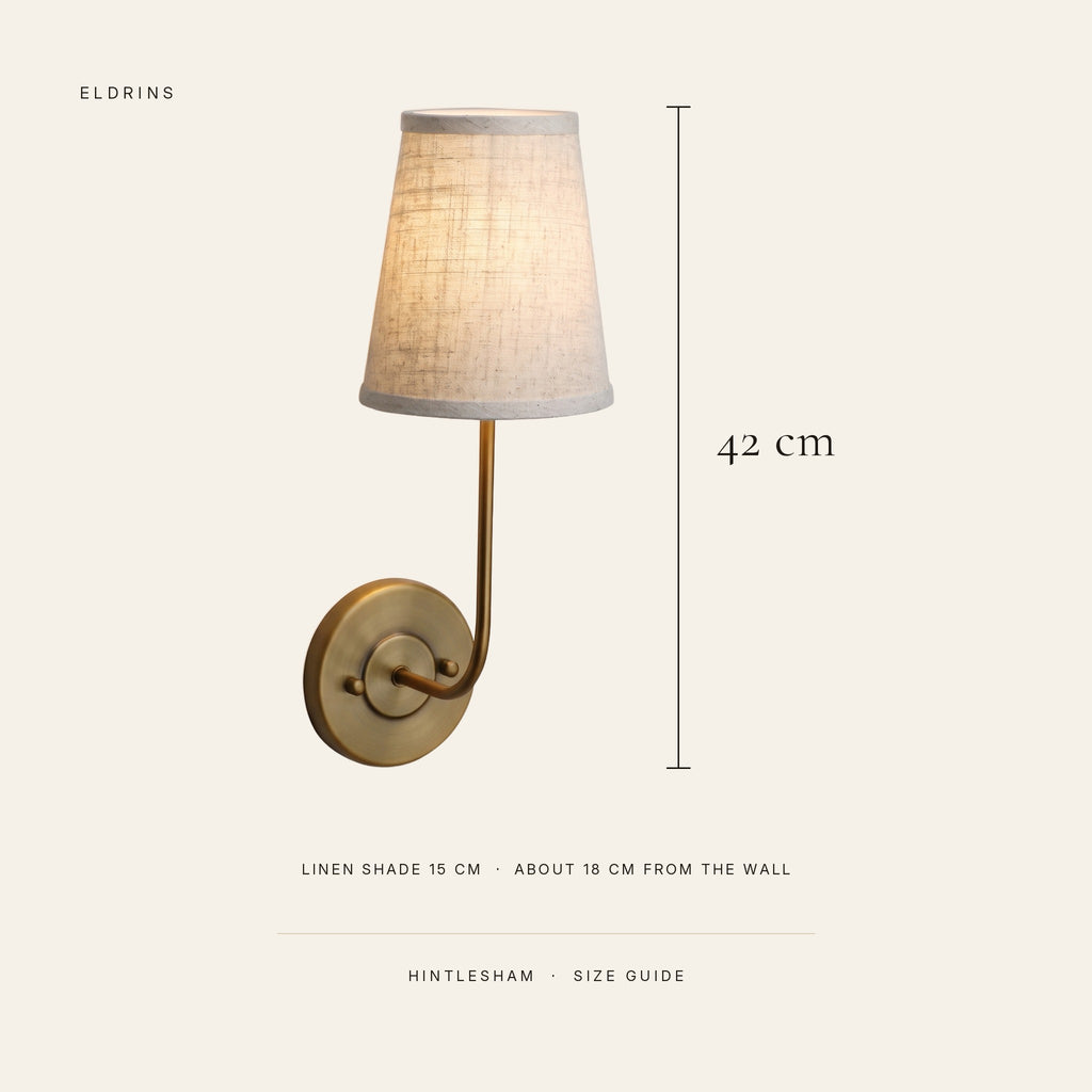 Hintlesham wall light size guide: about 42 cm tall with a 15 cm linen shade