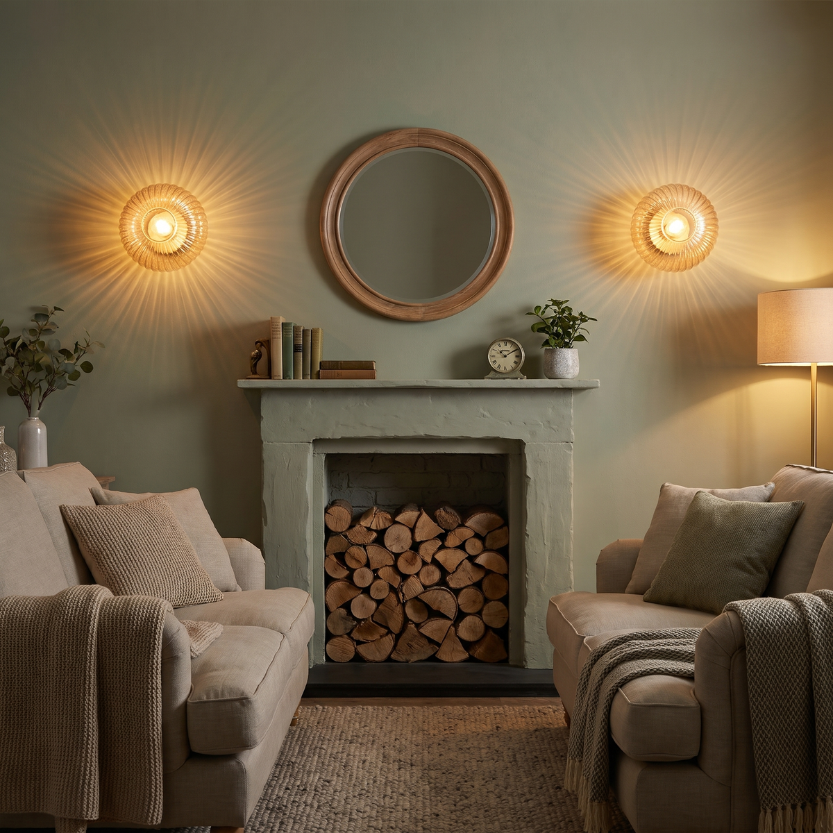 A pair of lit amber Holton wall lights either side of a mirror above a fireplace in a sage green sitting room