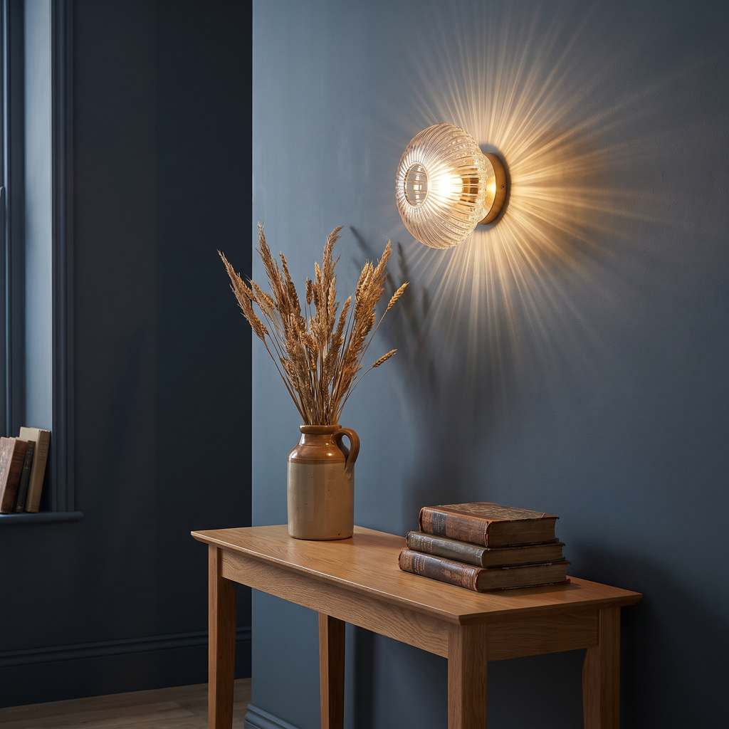 A lit clear Holton wall light throwing rays of light across a blue grey hallway wall above an oak console