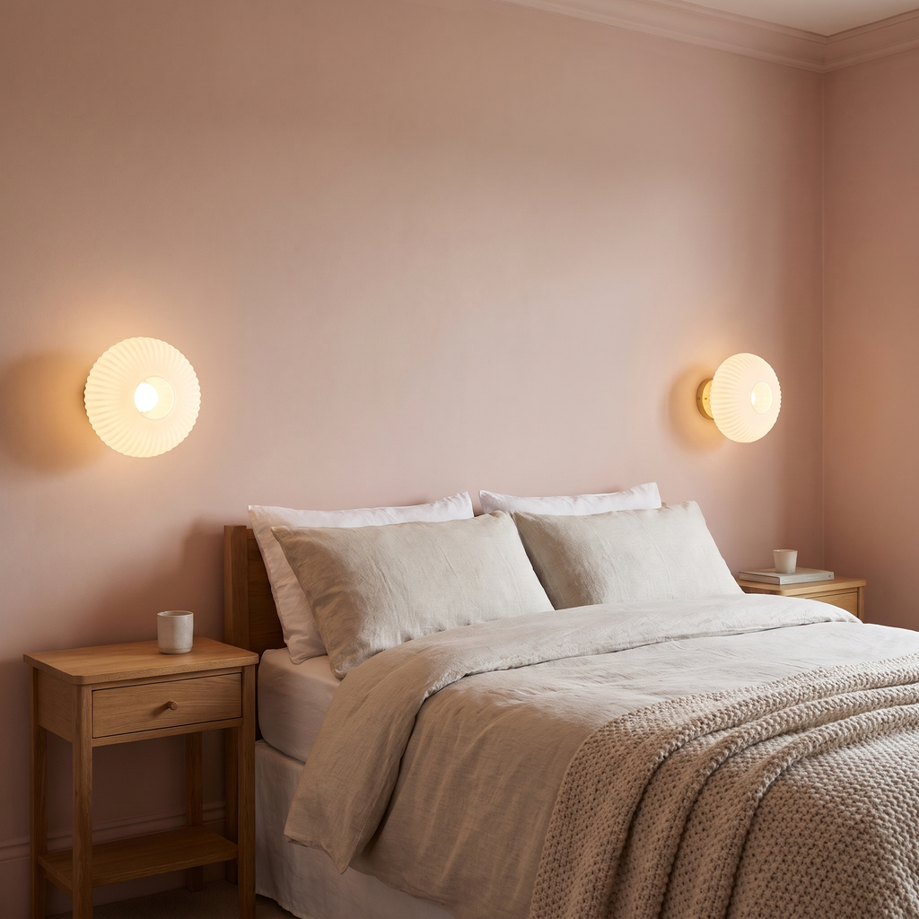 A pair of lit opal Holton wall lights either side of a bed on a plaster pink wall