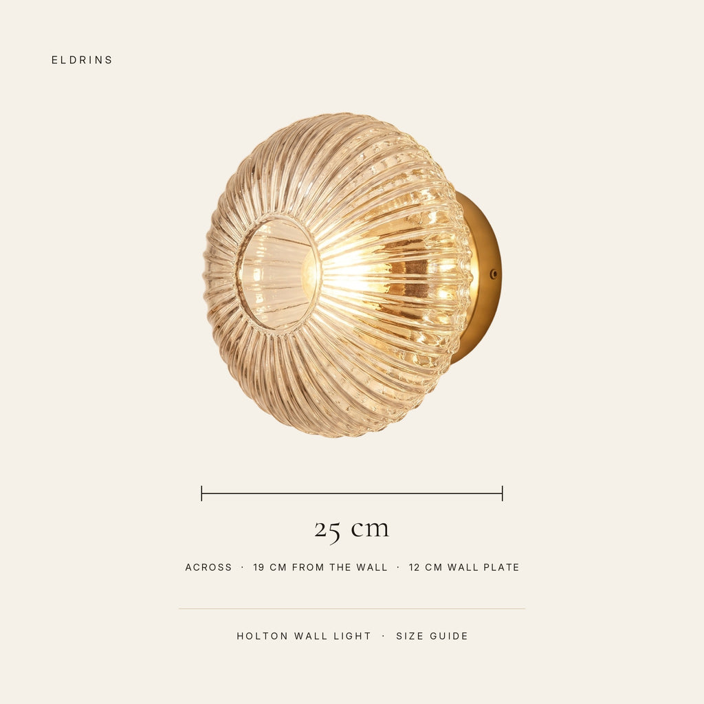 Holton wall light size guide: 25 cm across, 19 cm from the wall, 12 cm wall plate
