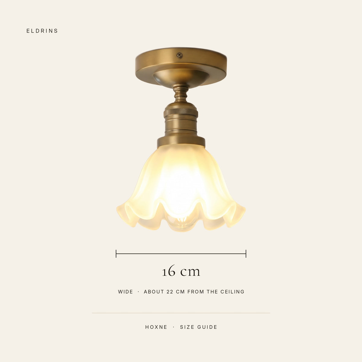 Hoxne ceiling light size guide: 16 cm frosted glass shade, about 22 cm from the ceiling