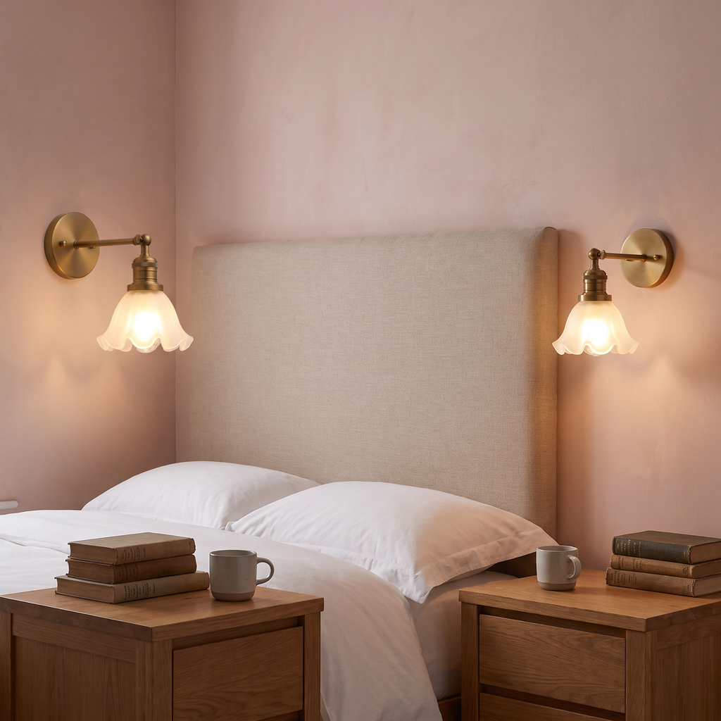 A pair of lit Hoxne frosted glass wall lights in antique brass either side of a bed in a pink bedroom