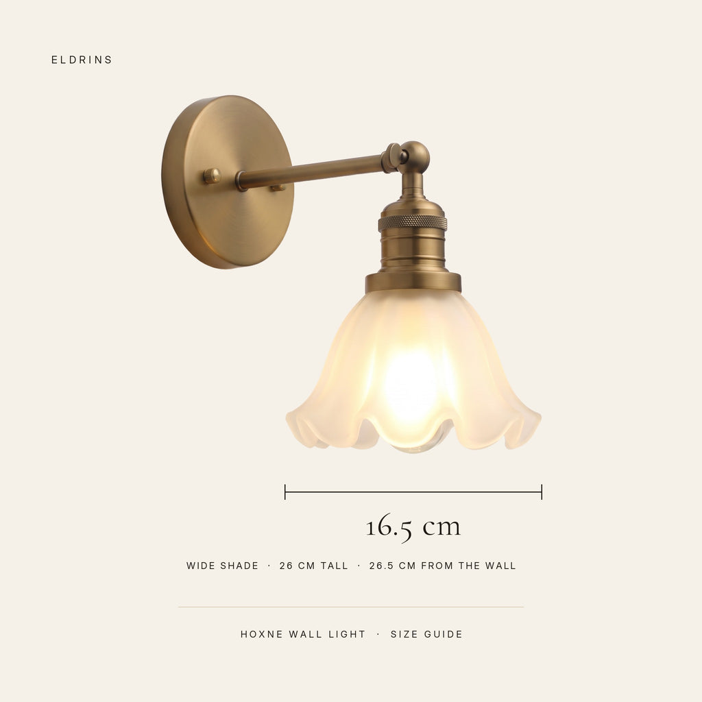 Hoxne wall light size guide: 16.5 cm wide shade, 26 cm tall, 26.5 cm from the wall