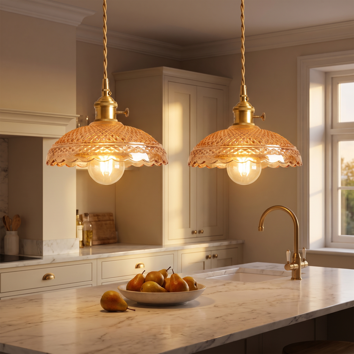 Two lit Huntingfield amber pressed glass pendants over a marble kitchen island