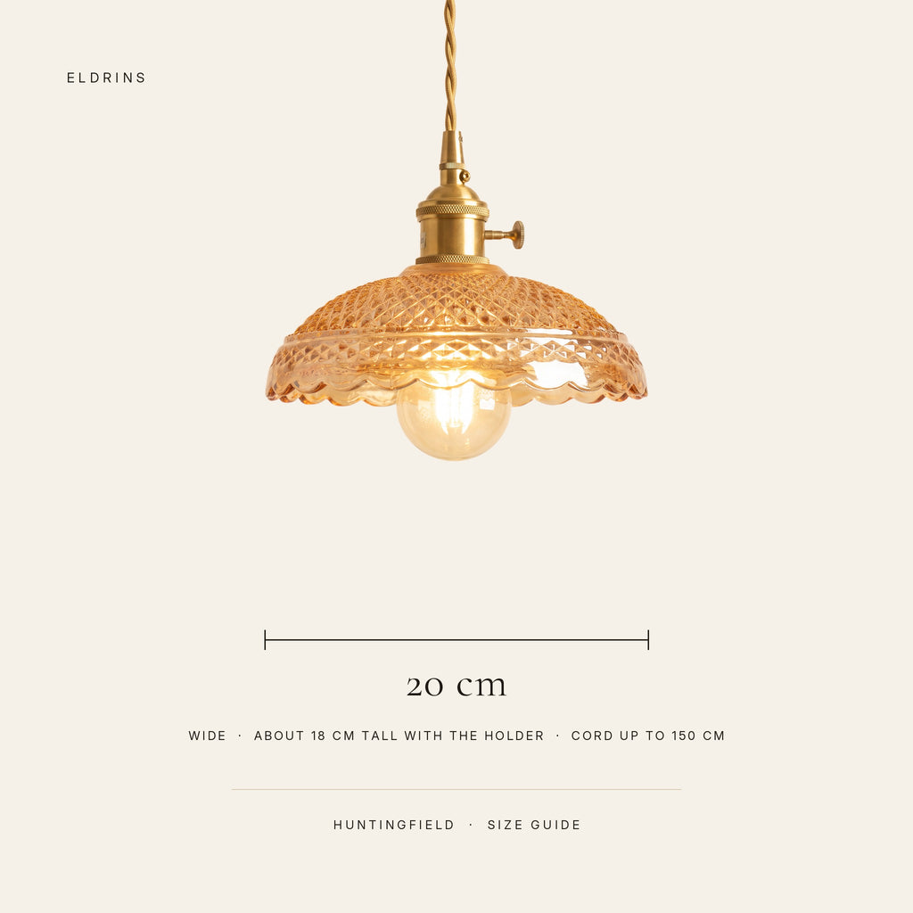 Huntingfield size guide: 20 cm wide, about 18 cm tall with the holder, cord up to 150 cm