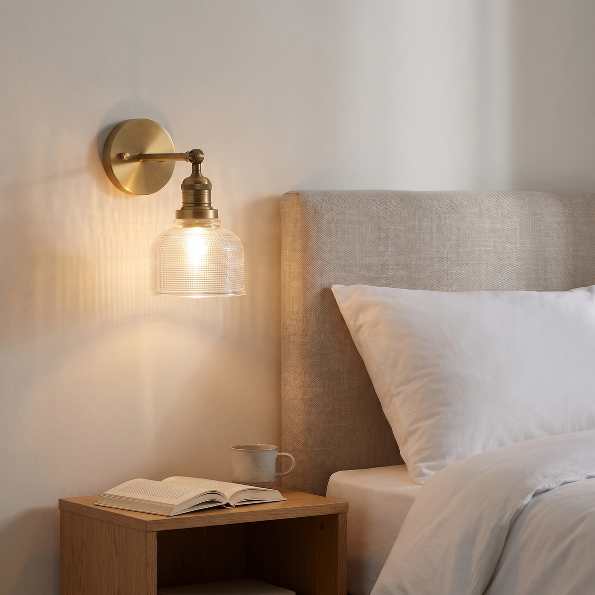 A lit Ixworth antique brass prismatic glass wall light beside a bed