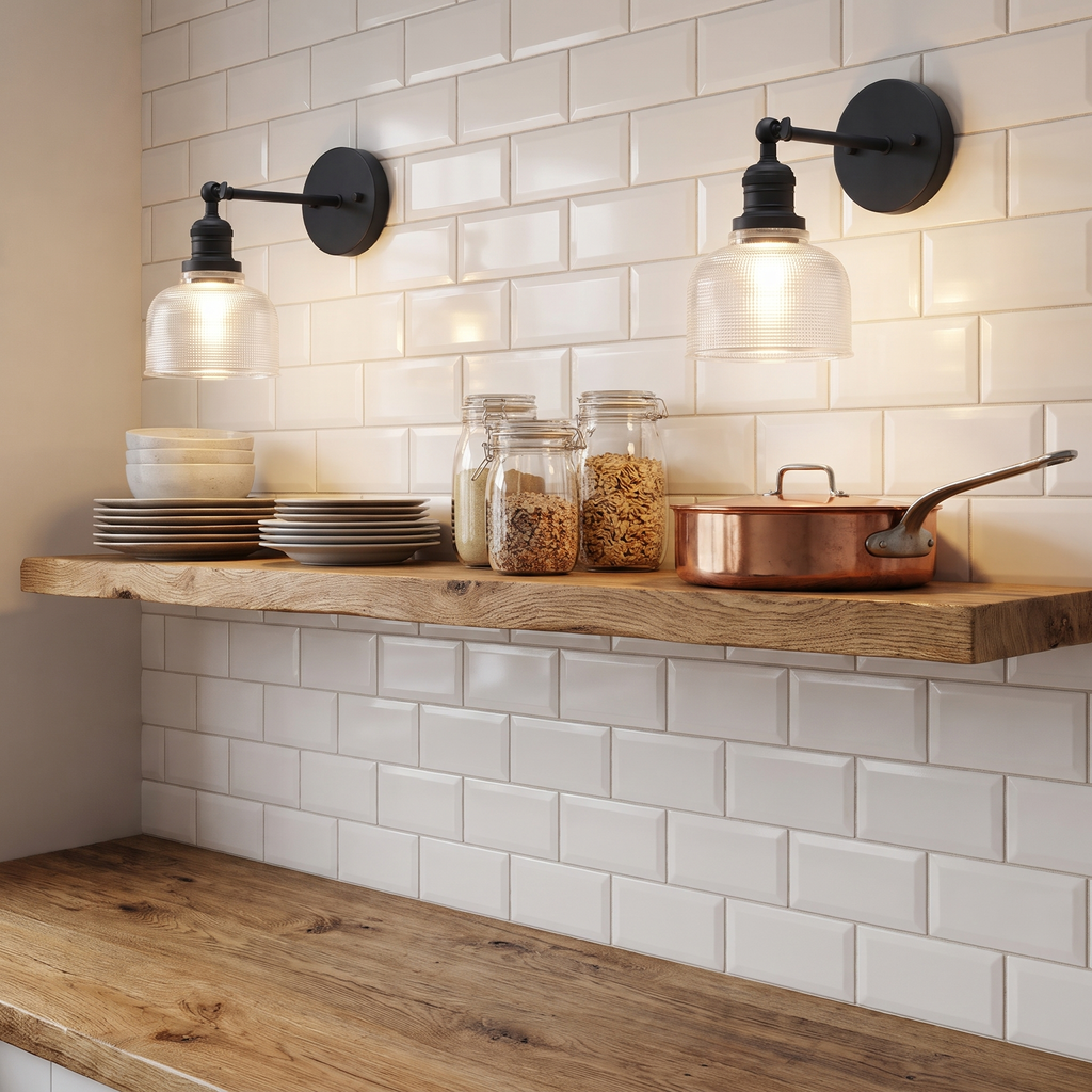 Two lit black Ixworth prismatic glass wall lights above an open oak shelf in a tiled kitchen