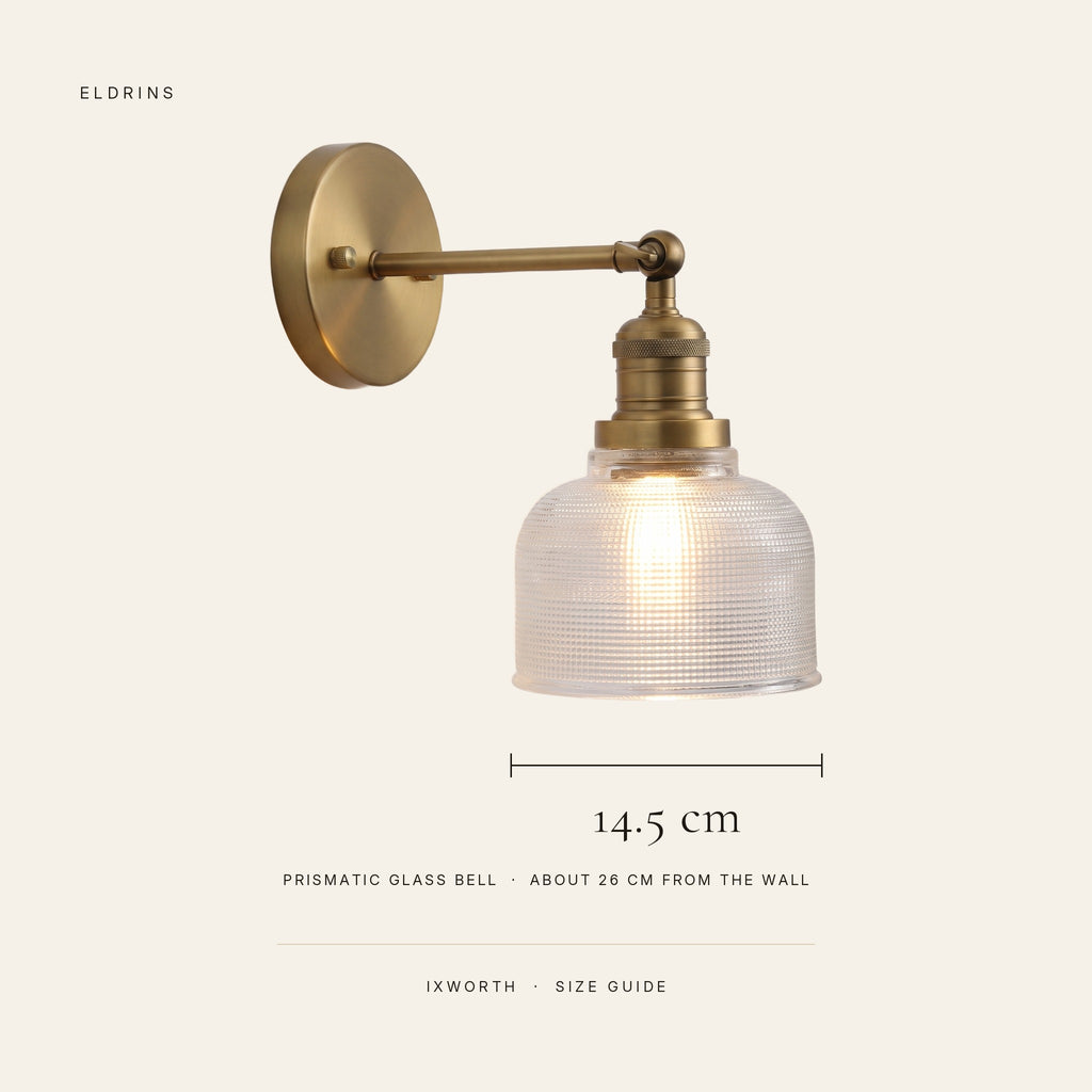 Ixworth wall light size guide: 14.5 cm prismatic glass bell, about 26 cm from the wall