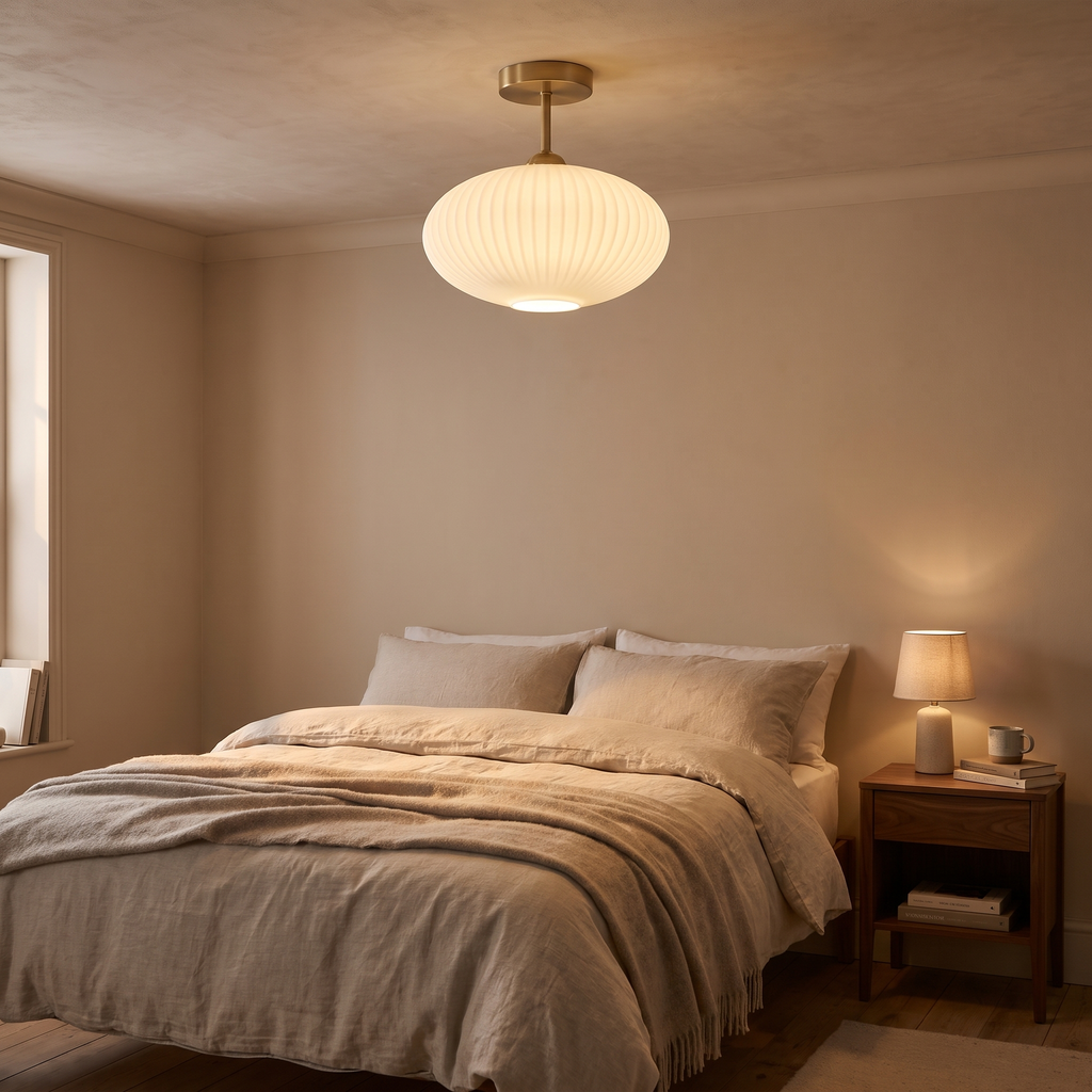Opal Kelsale ribbed glass ceiling light glowing above a bed with oatmeal linen bedding