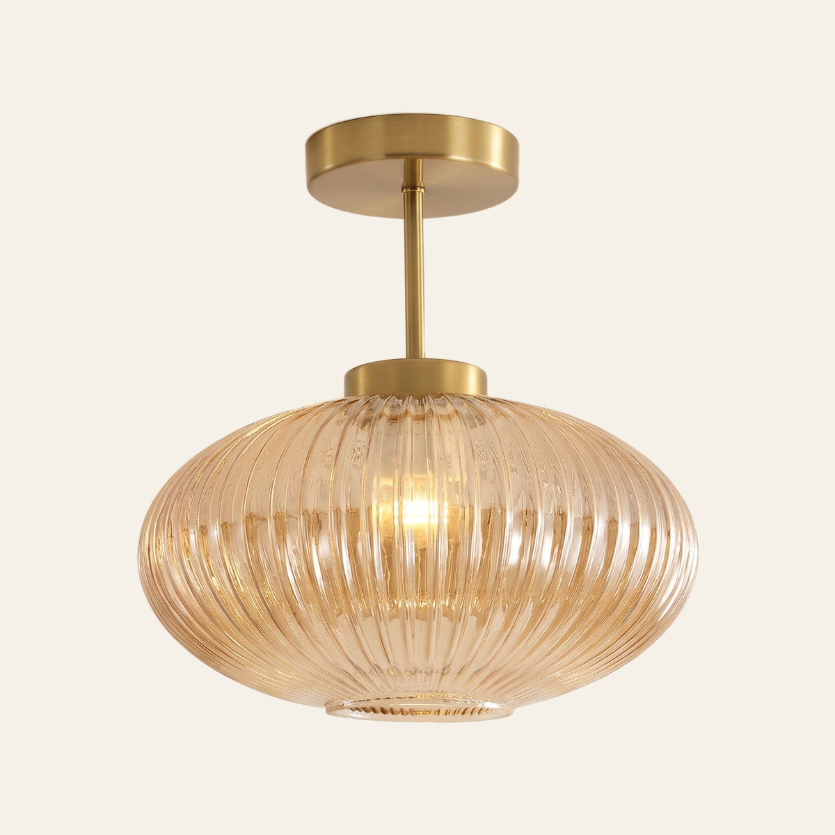 Kelsale semi flush ceiling light in amber ribbed glass, cream background