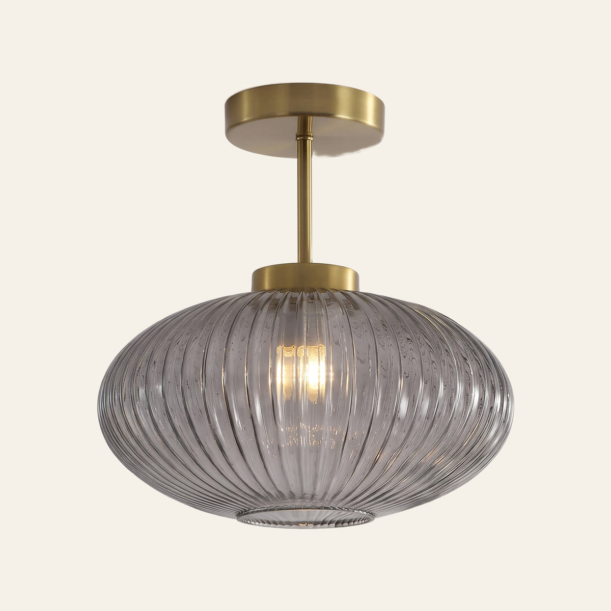 Kelsale semi flush ceiling light in smoked grey ribbed glass, cream background