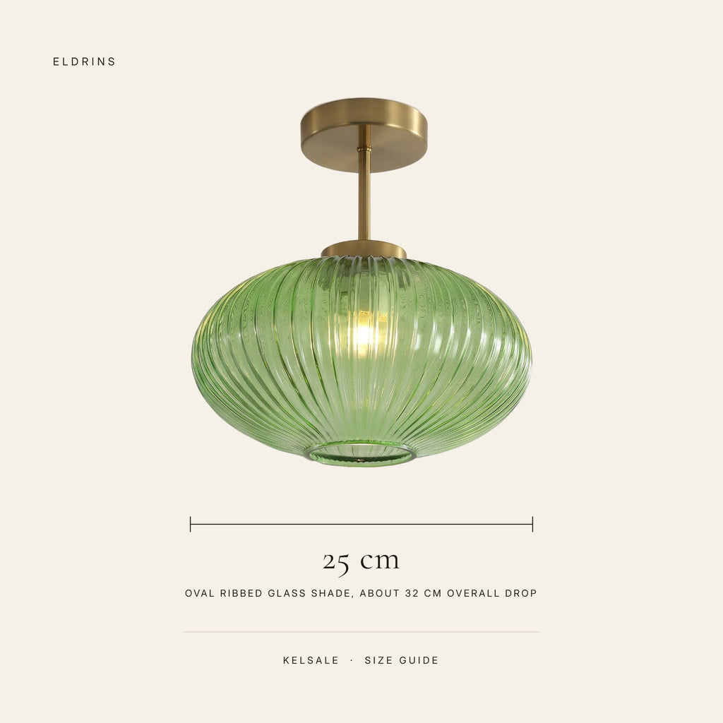 Kelsale size guide, 25 cm wide oval ribbed glass shade, about 32 cm overall drop