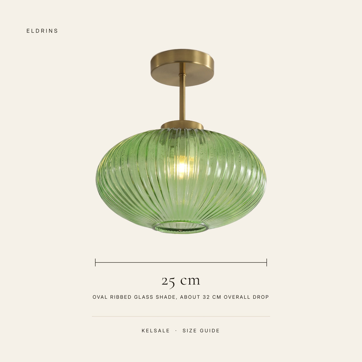 Kelsale size guide, 25 cm wide oval ribbed glass shade, about 32 cm overall drop