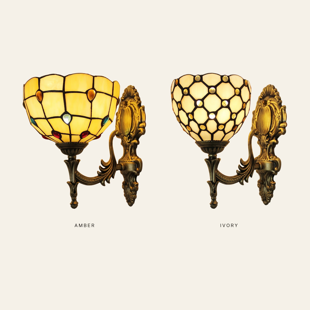 The Kentwell wall light with the amber shade and with the ivory shade side by side