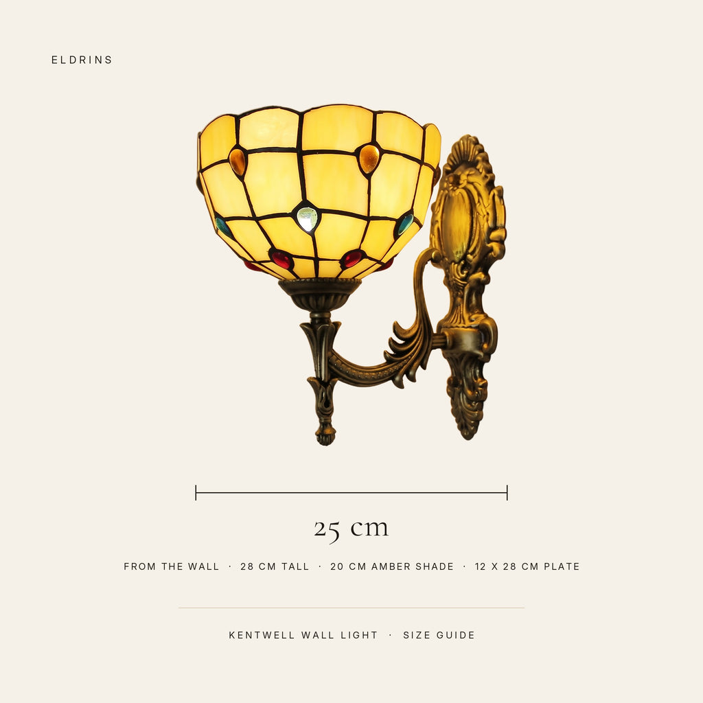Kentwell wall light size guide: about 25 cm from the wall, 28 cm tall, 20 cm amber shade, 12 by 28 cm back plate
