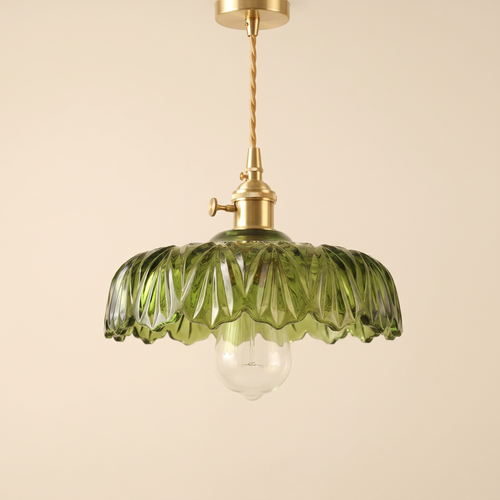 Kettleburgh pendant light with a wide green ruffled glass shade on a brass holder, cream background