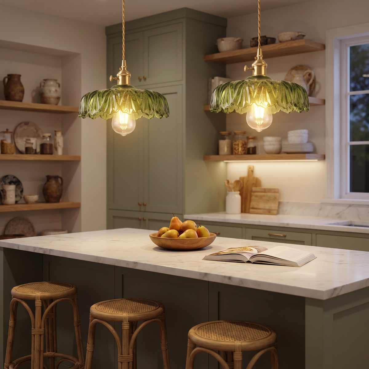 Two Kettleburgh pendants lit over a long kitchen island