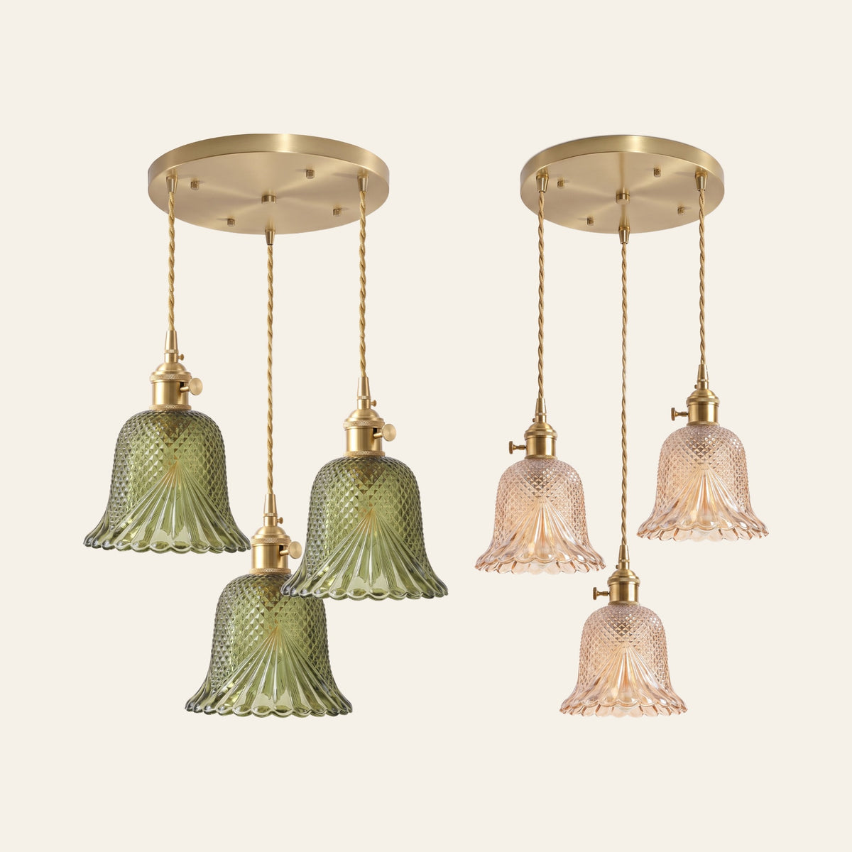 Lavenham 3 light cluster pendants in green and amber cut glass side by side