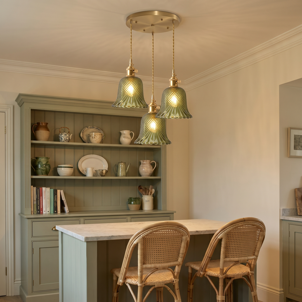 Green Lavenham 3 light cluster lit over a marble kitchen island with rattan stools and a sage green dresser