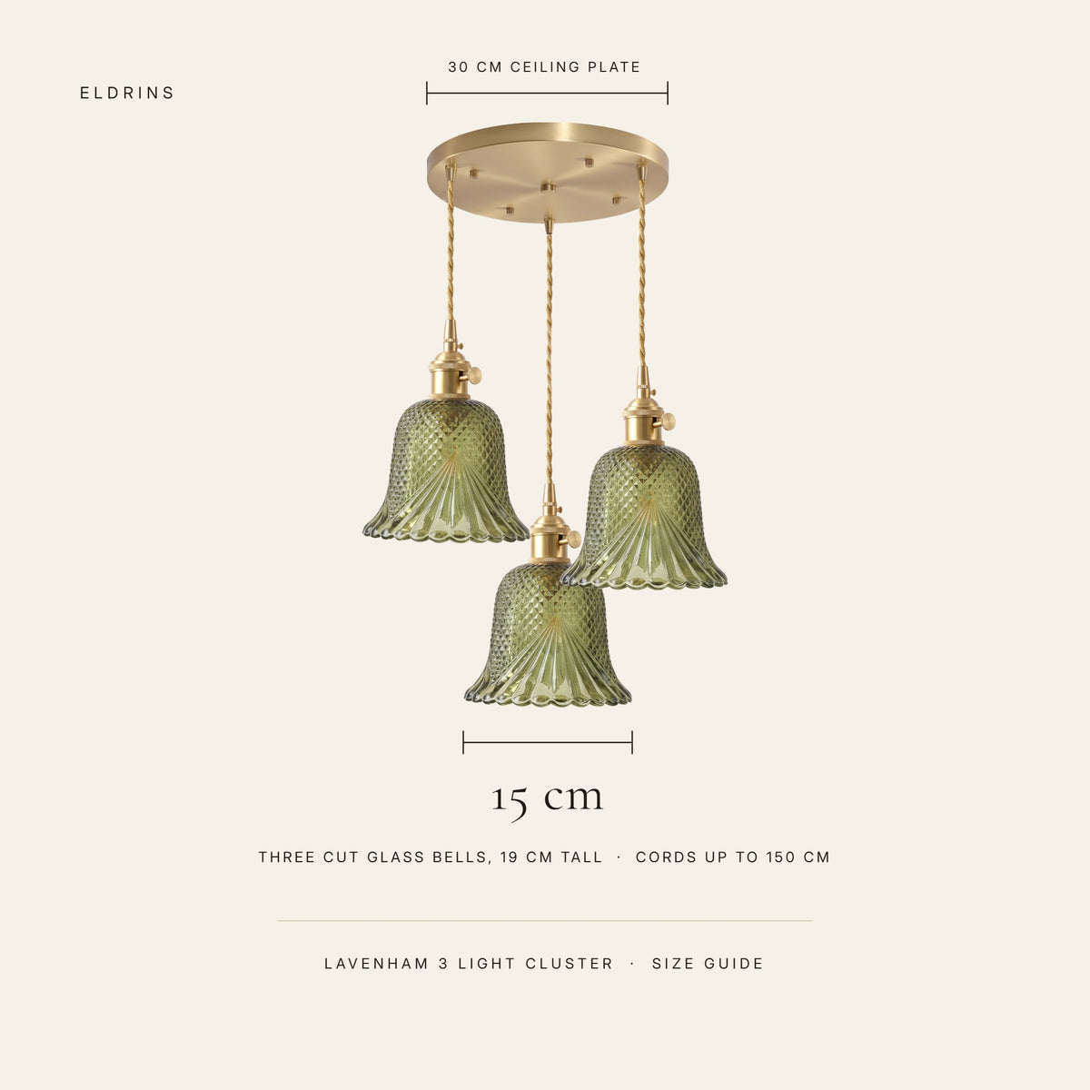 Lavenham 3 light cluster size guide, 30 cm ceiling plate and three 15 cm cut glass bells, cords up to 150 cm