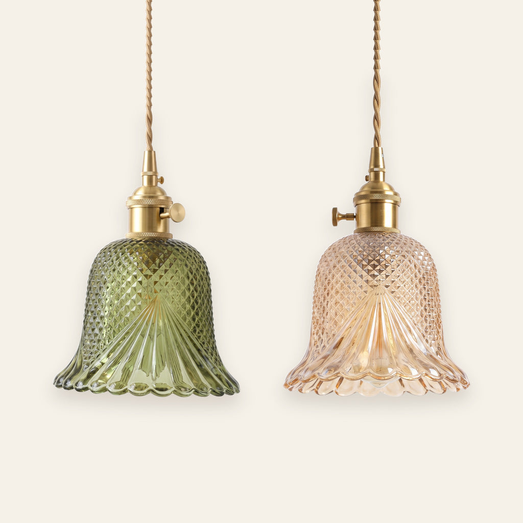Lavenham pendant light in green and amber cut glass side by side