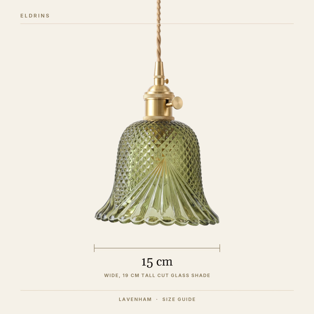 Lavenham pendant light size guide, 15 cm wide with a 19 cm tall cut glass shade
