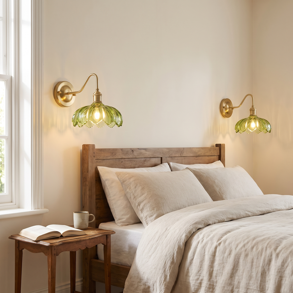 A pair of Laxfield green scalloped glass wall lights either side of a bed