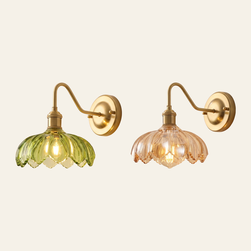Laxfield scalloped glass wall light in green and amber glass side by side
