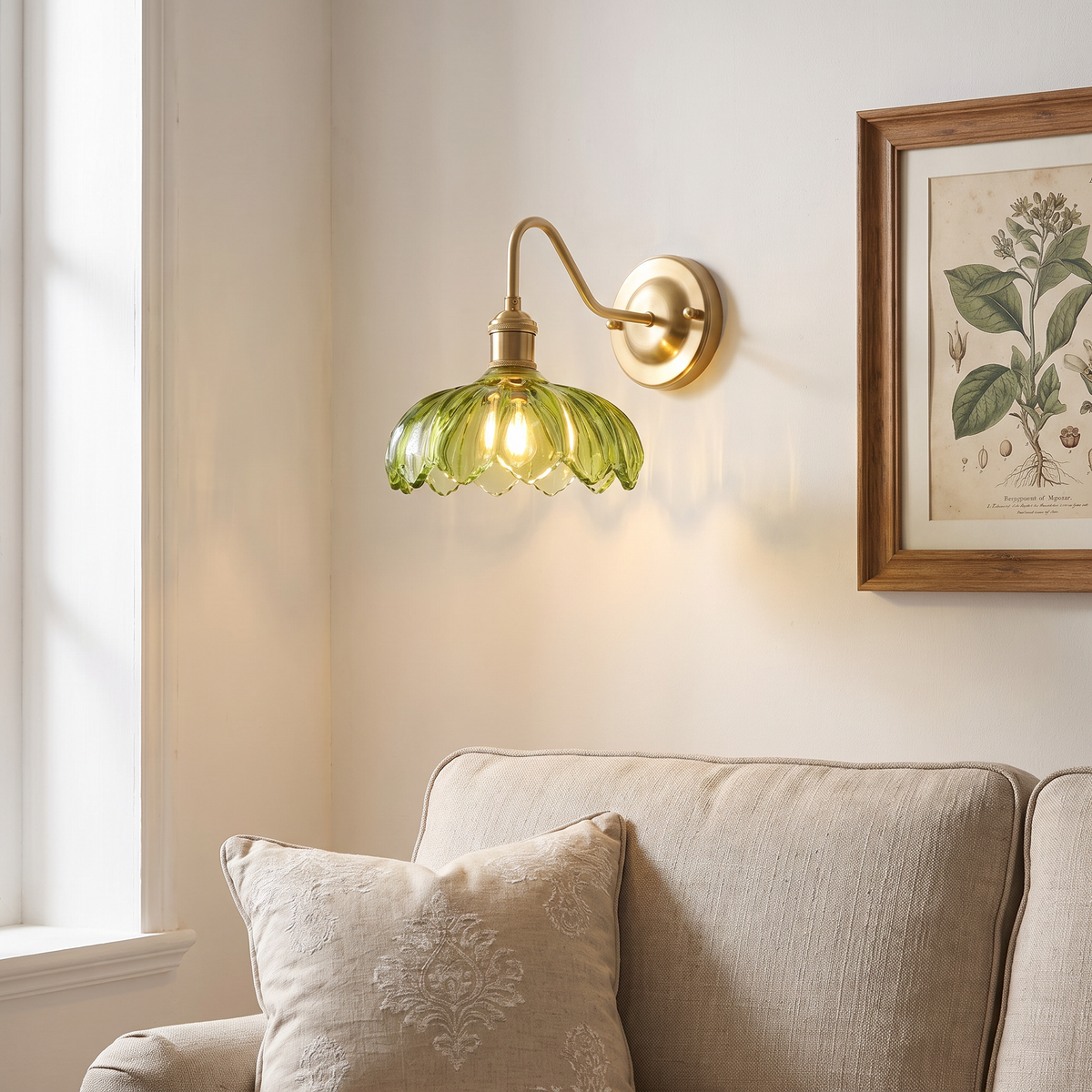 Laxfield green scalloped glass wall light beside a botanical print above a linen sofa