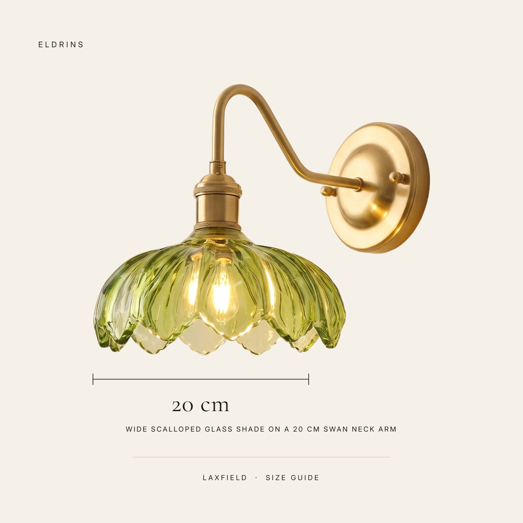 Laxfield wall light size guide, 20 cm wide scalloped shade on a 20 cm swan neck arm