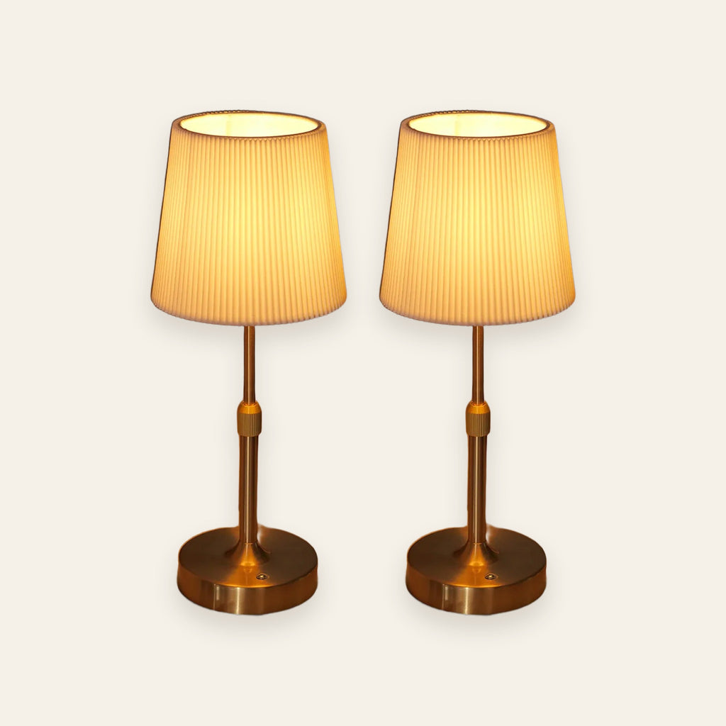 Linford rechargeable pleated table lamps with gold bases, set of two, cream background