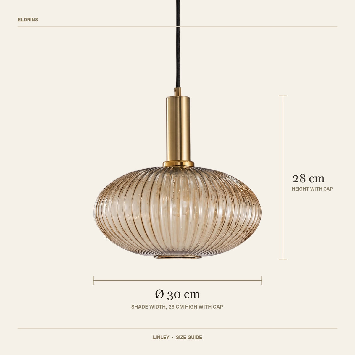 Linley pendant size guide, 30 cm wide and 28 cm high with the cap