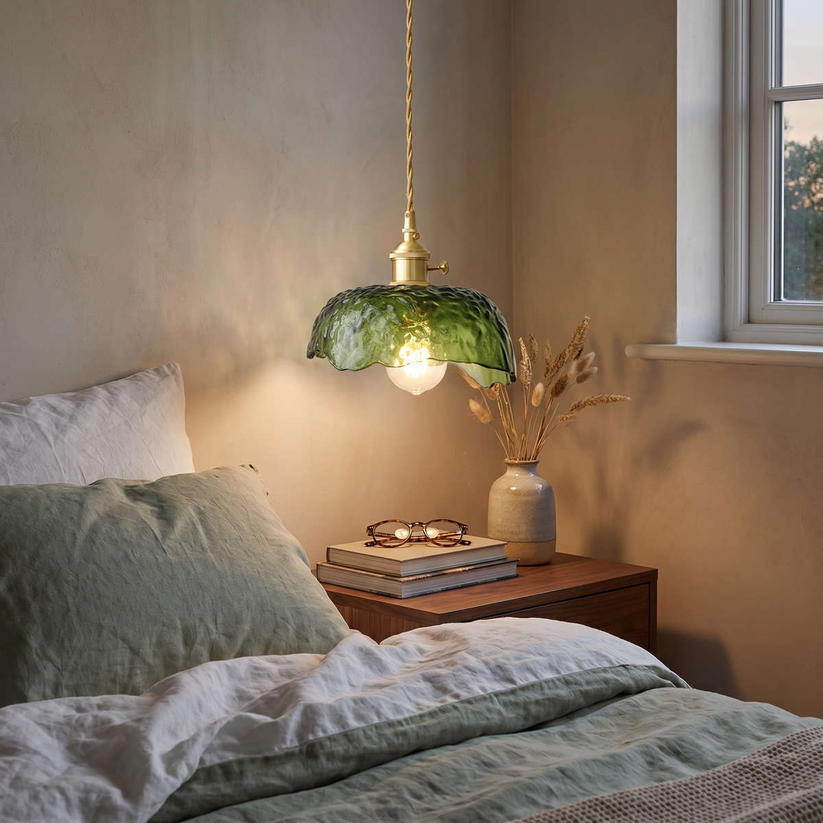 A Linstead green textured glass pendant lit low beside a bed
