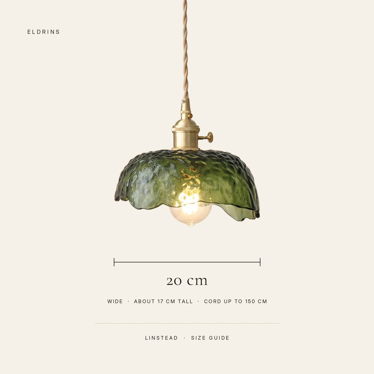 Linstead size guide: 20 cm wide, about 17 cm tall, cord up to 150 cm