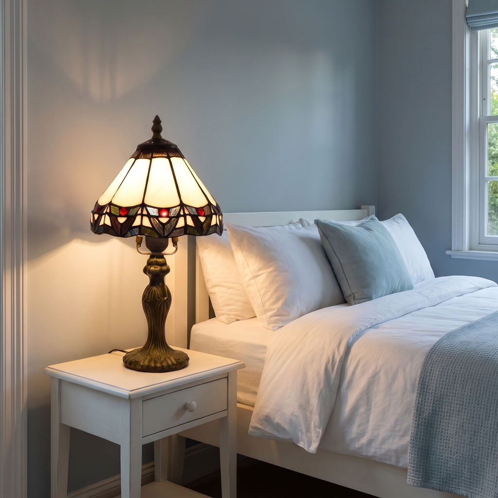 A lit Melford stained glass table lamp on a bedside table in a calm bedroom
