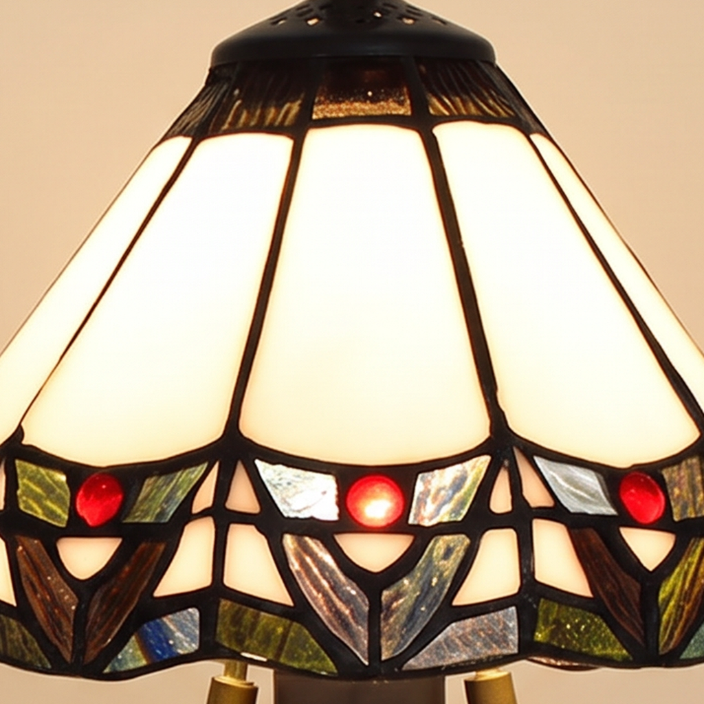 Close up of the Melford shade: ivory leaded glass and the scalloped border with red glass jewels