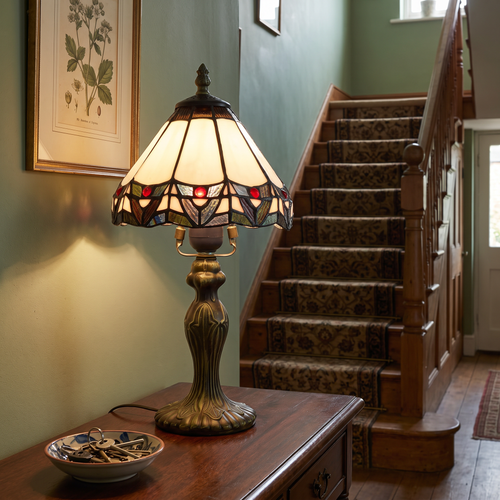 A lit Melford ivory stained glass table lamp on a hall table in a period hallway