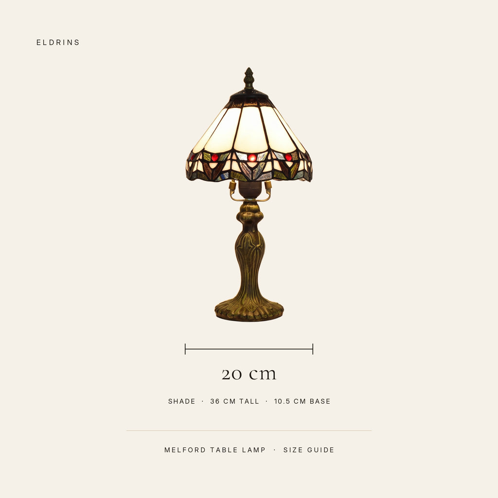 Melford table lamp size guide: 36 cm tall, 20 cm shade, 10.5 cm base