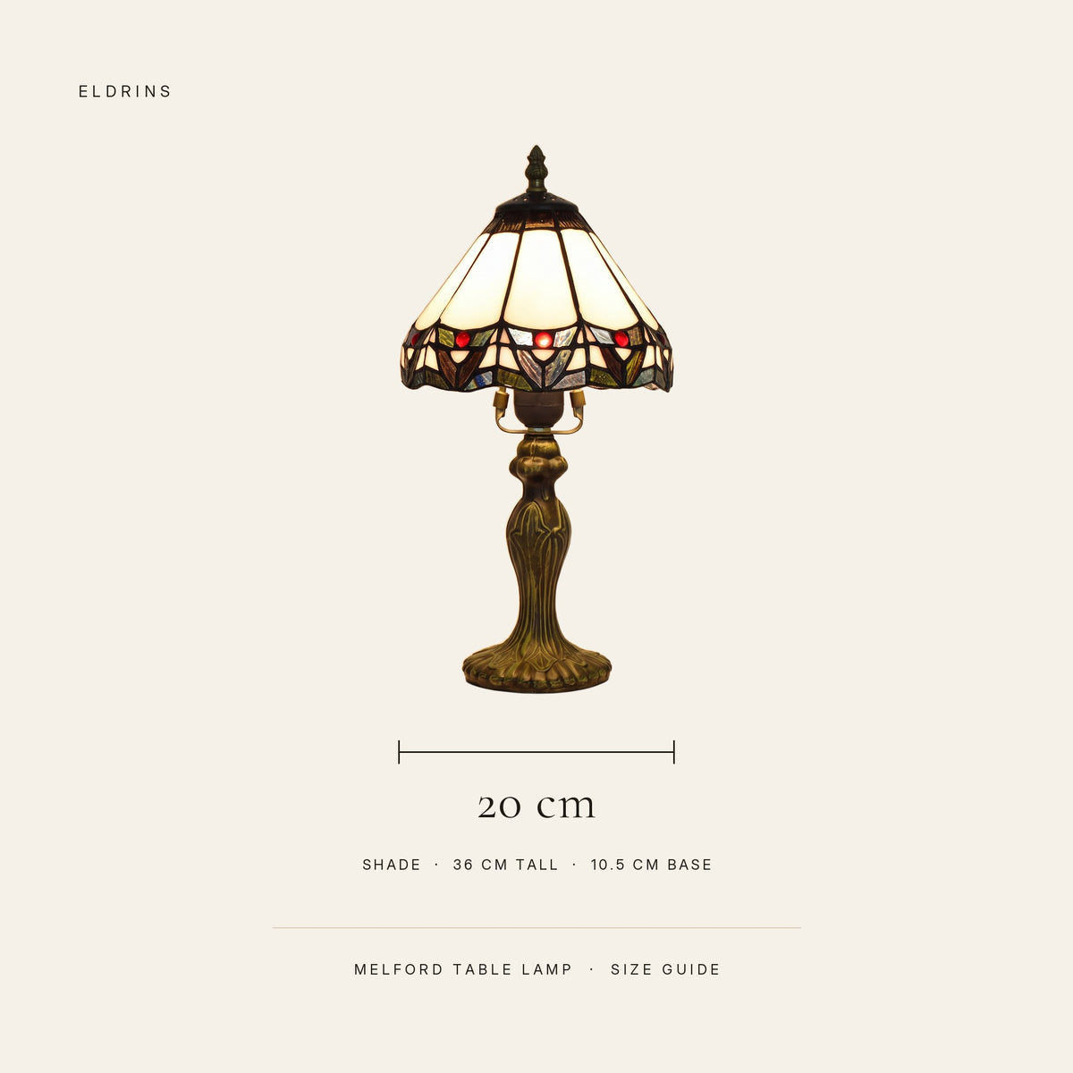 Melford table lamp size guide: 36 cm tall, 20 cm shade, 10.5 cm base