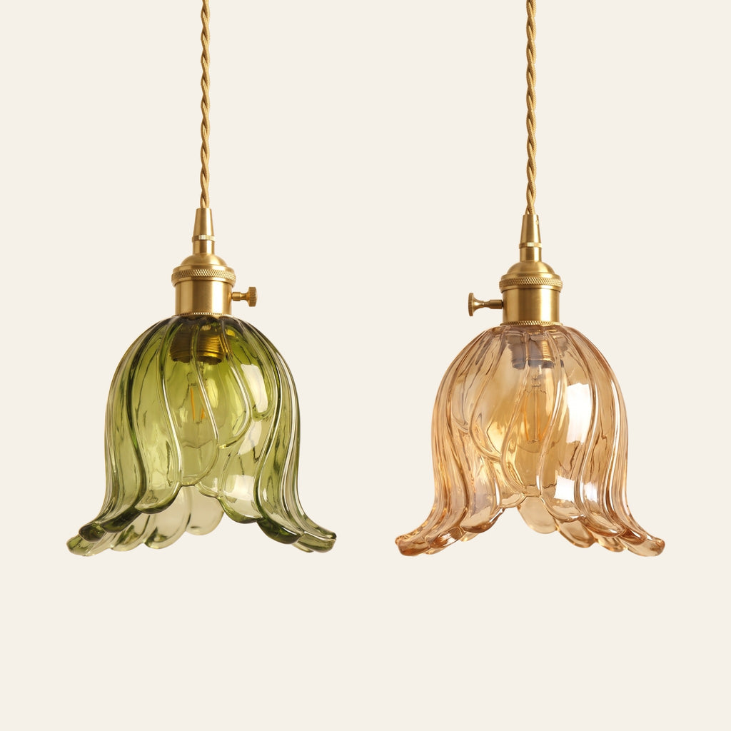 Metfield tulip pendant lights in green and amber glass