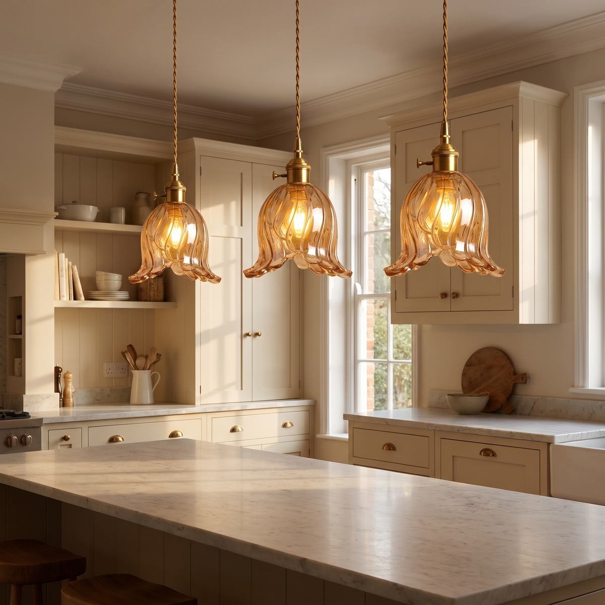 Three amber Metfield tulip pendants lit over a marble kitchen island