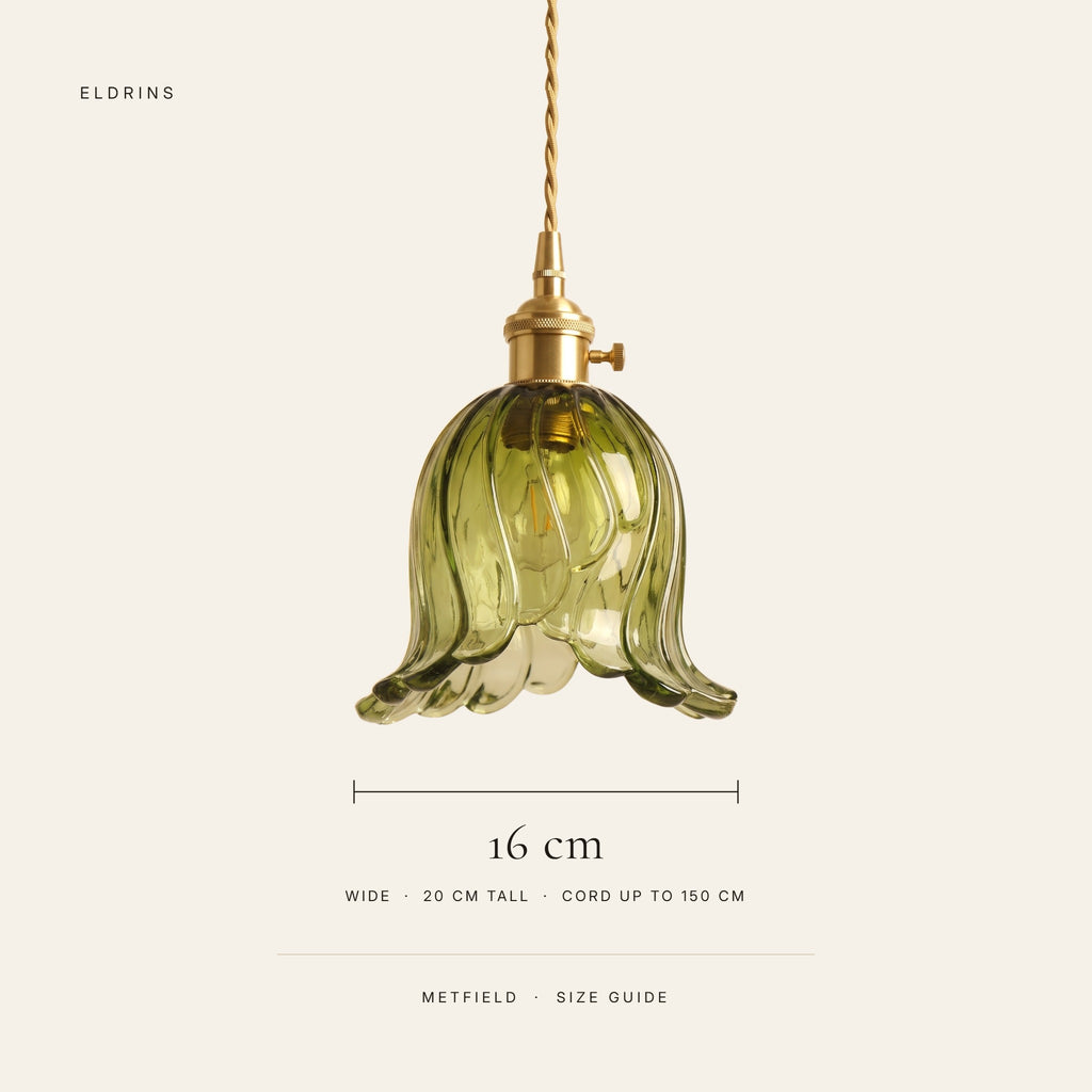Metfield size guide, 16 cm wide and 20 cm tall tulip glass shade, cord up to 150 cm