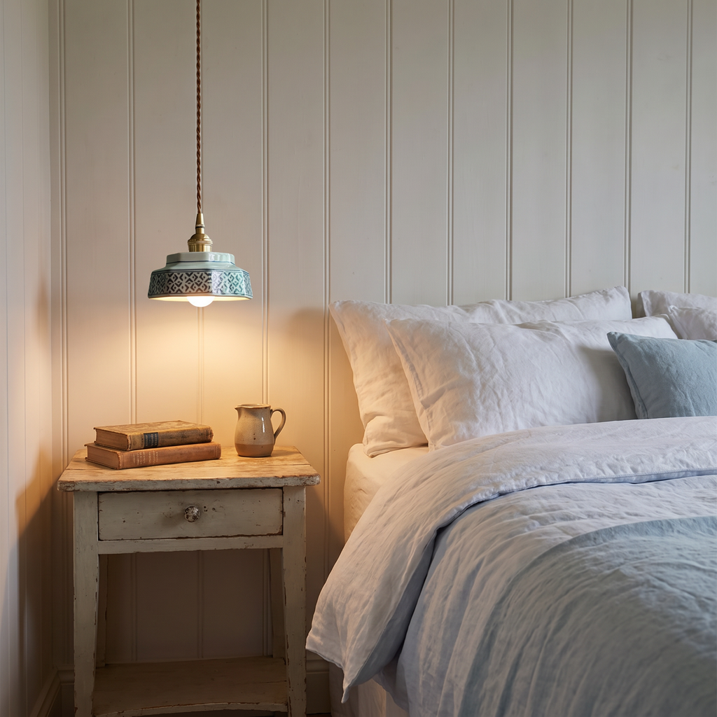 A lit celadon diamond Mettingham pendant light hung low beside a bed above a painted bedside table