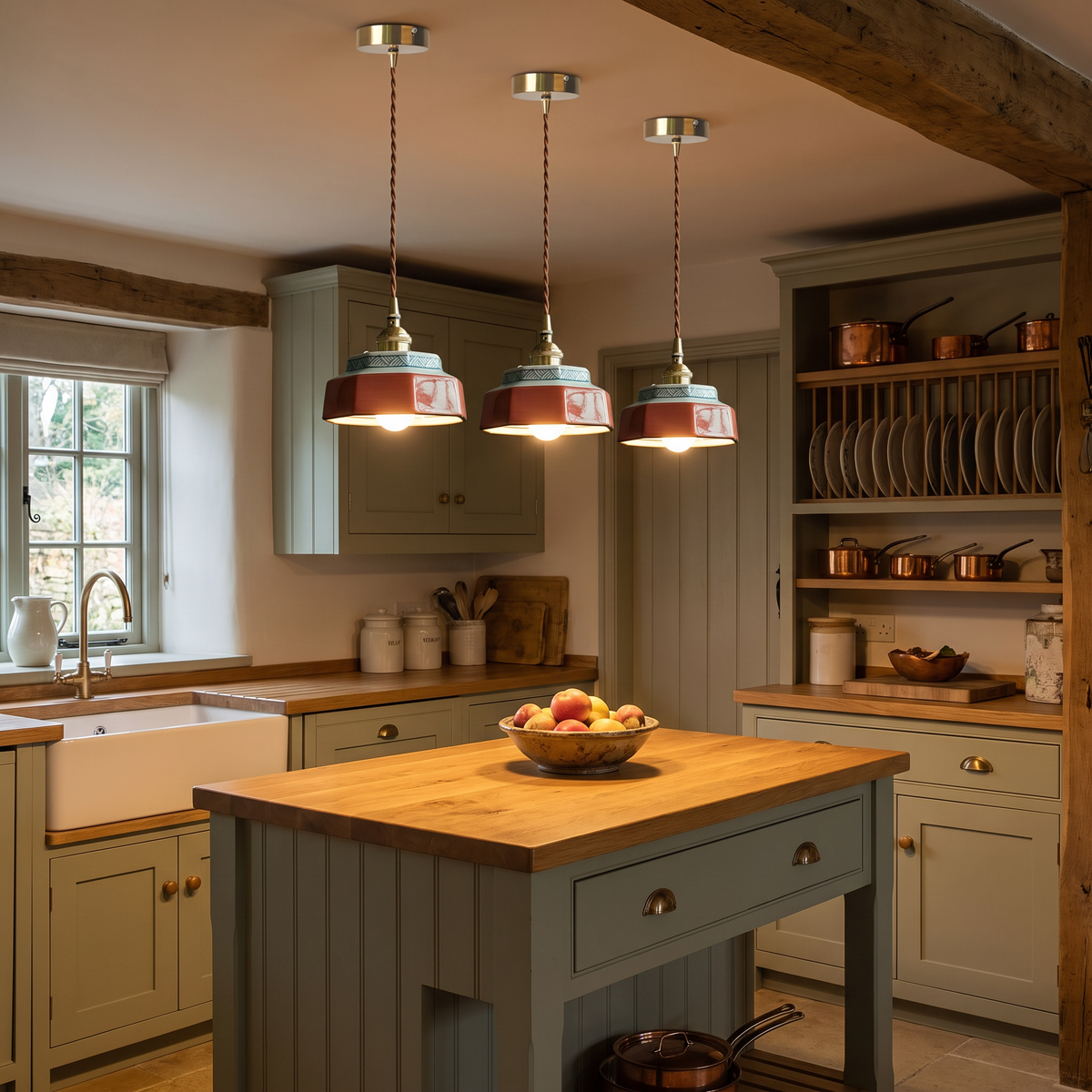 Three lit coral red Mettingham ceramic pendant lights in a row over a painted kitchen island in a cottage kitchen