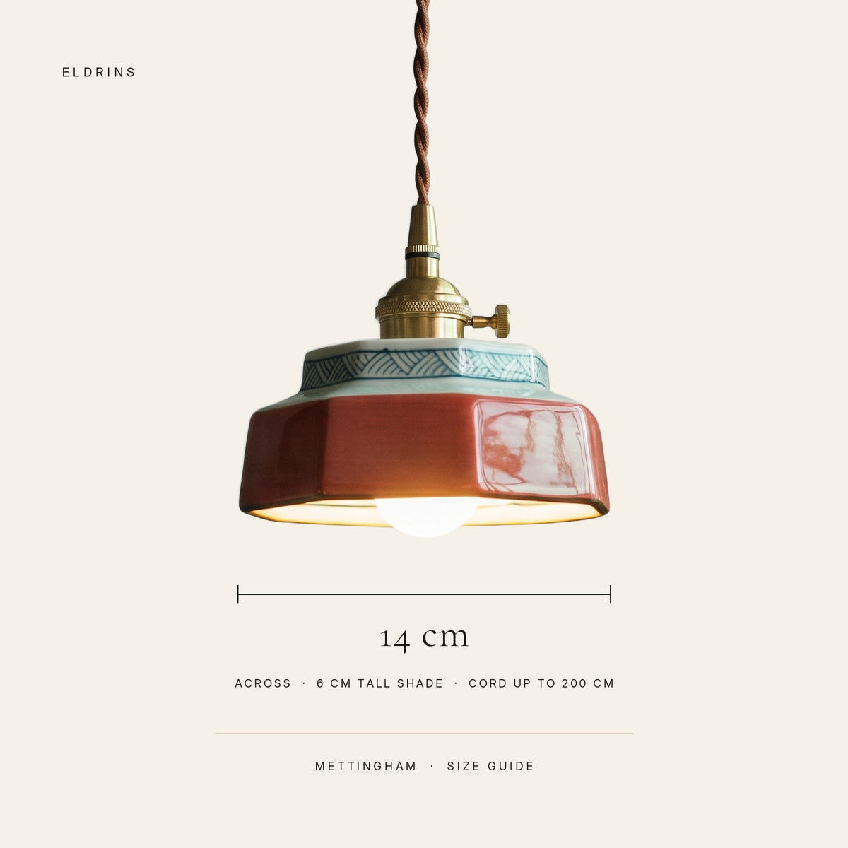 Mettingham pendant light size guide: 14 cm across, 6 cm tall shade, cord up to 200 cm