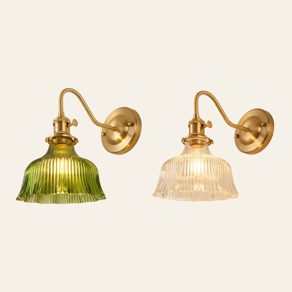 Nayland fluted glass wall light in green and clear glass side by side