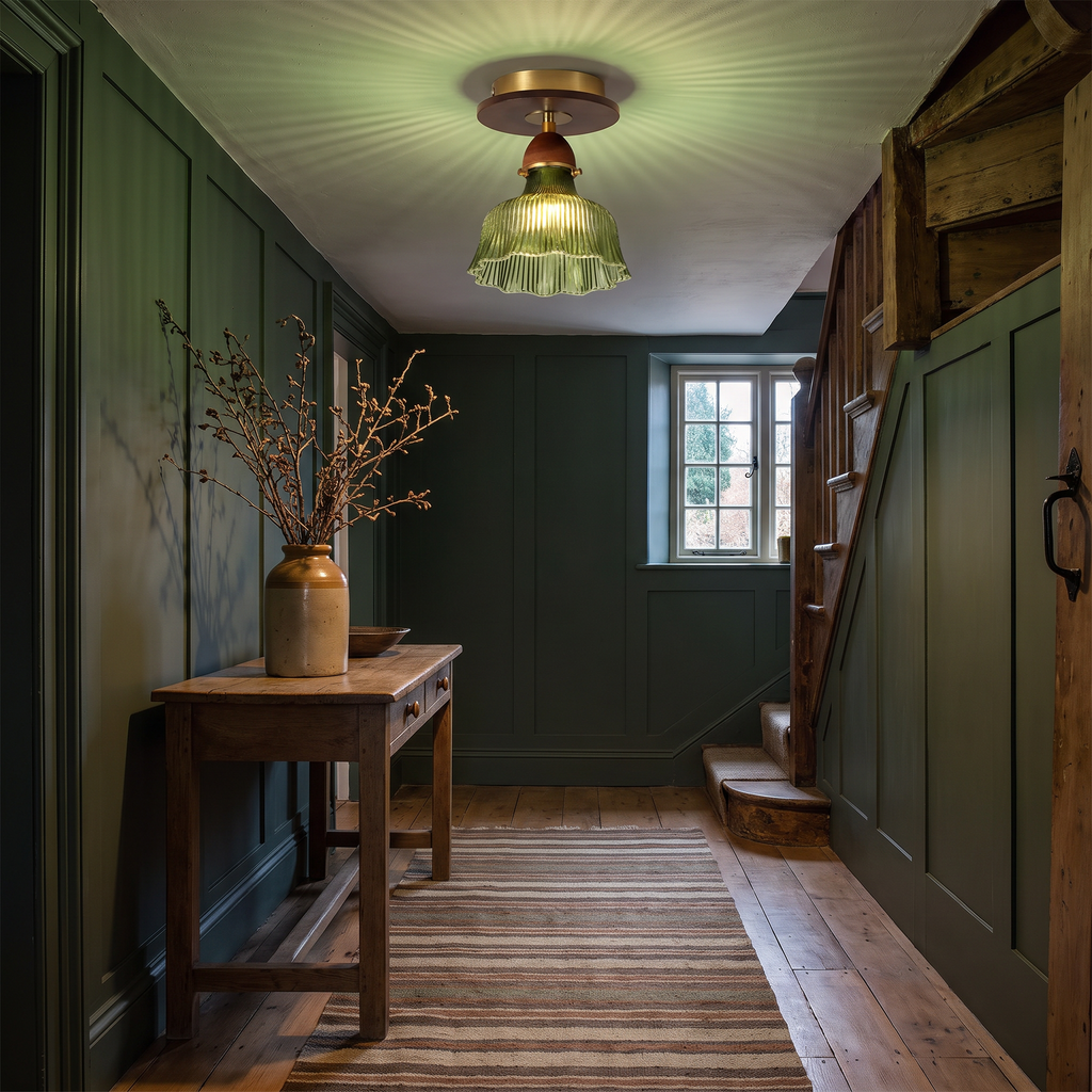 A lit Nayland green fluted glass semi flush ceiling light on the low ceiling of a cottage hallway with dark green panelled walls