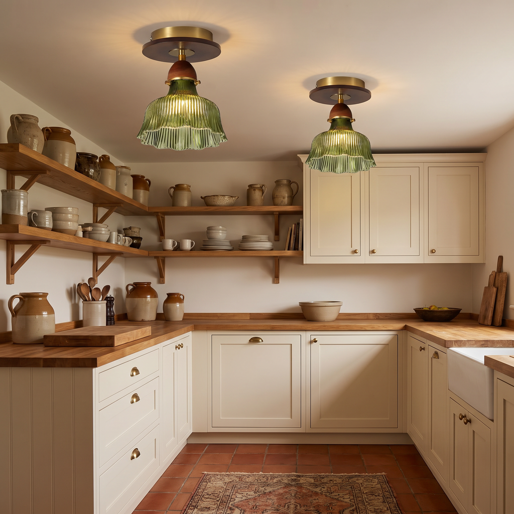 A pair of lit Nayland green glass semi flush ceiling lights above a cream country kitchen with oak shelves